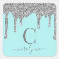 Teal Aqua Silver Sparkle Glitter Drips Monogram Square Sticker
