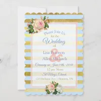 Blue and Gold Striped Floral Wedding Invitation