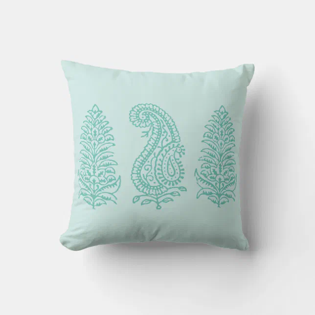 Indian Motif Handblock Print Mint Throw Pillow