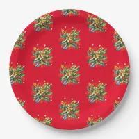 Merry Christmas Holly Leaves Berries Flowers Red Paper Plates