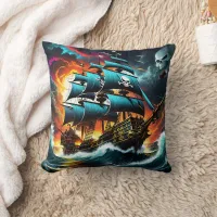 Historic Pirate Ship Sailing Through Stormy Waters Throw Pillow