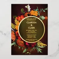 Bold Orange Rust Fall Floral Modern Wedding  Foil Invitation