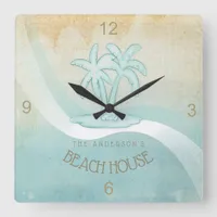 Beach House Palm Trees Aqua ID623 Square Wall Clock