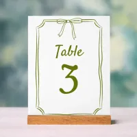 Modern Simple Bow Wedding Olive Green Table Number Acrylic Sign