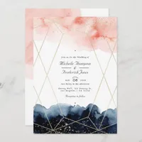Navy & Blush Watercolor Geometric QR Code Wedding Invitation