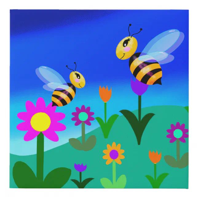 Happy bees in a flower field faux canvas print