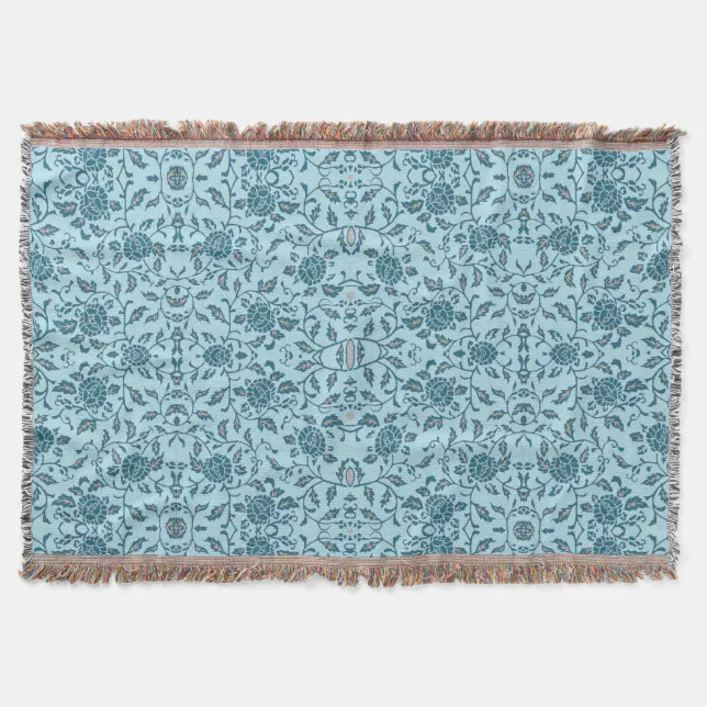 Elegant Flowery Teal Damask Throw Blanket