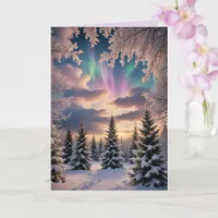 Snowy winter forest, ice crystals, northern lights card