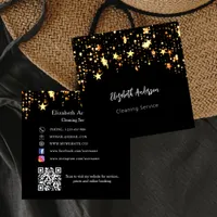 Black gold stars QR code social media Square Business Card