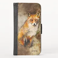 Cute Watercolor Red Fox in Nature Monogram iPhone XS Wallet Case