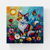 Colorful Cat and Butterfly Paperweight