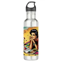 Retro Lady at Beach Daydreaming about Fashion Stainless Steel Water Bottle