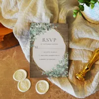 Rustic Wood Botanical Gold Geometric Wedding RSVP Card