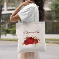 Personalized Red Roses Floral Wedding Tote Bag