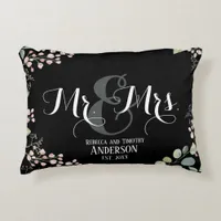 Botanical Mr Mrs Personalized Black Wedding Accent Pillow