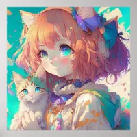 Anime Girl Holding an Adorable Kitten Poster