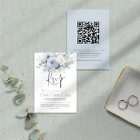 Modern Dusty Blue Florals QR Code Wedding RSVP Card