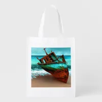 Deserted Ship on a Sandy Beach Grocery Bag