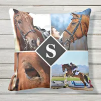 Modern 4 Photo Collage Monogram Pet Horse Lover Throw Pillow