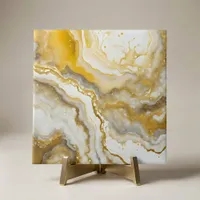 Abstract Fluid Ink Art Gold and White Marble  Ceramic Tile