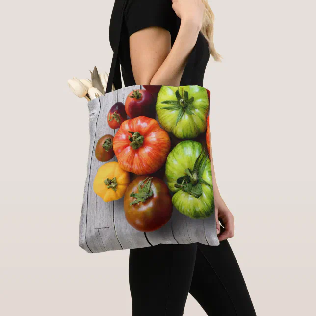 Colorful Striped Tomatoes on Weathered Table Tote Bag