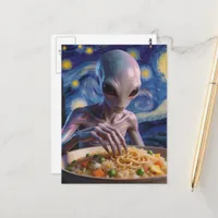 Blue Alien Eating Noodles and Veggies Postcard