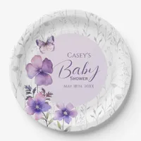 Elegant Purple Floral Butterfly Girl Baby Shower Paper Plates
