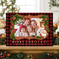 Christmas Plaids Wooden Family Frame Photo Red Foil Holiday Card