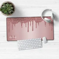 Girly Rose Gold Sparkle Glitter Drips Monogram