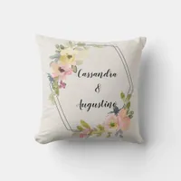 Geometric Watercolor Floral Couples Names Throw Pillow