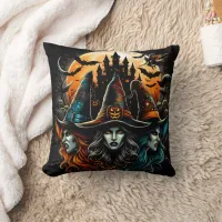 Witches gathering under a full moon on Halloween Throw Pillow