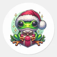 Merry Christmas Holiday Frog with Gift Classic Round Sticker