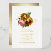 Vintage Blush and Gold Floral Quinceañera Foil Invitation