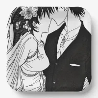 Black and White Anime Bride and Groom Wedding Paper Plates