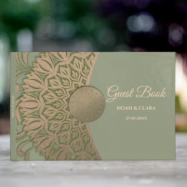 Elegant Modern Sage green & gold classic mandala Guest Book