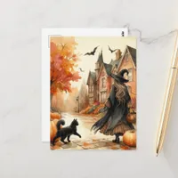 Cute Witch With Her Black Kitty Autumn Watercolor Postcard