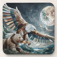 Mosaic Ai Art | Brown Bear and an Eagle Full Moon Beverage Coaster