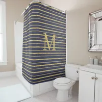 Modern Blue Gold Striped Monogrammed  Shower Curtain