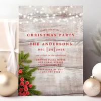 Pine Berries String Lights Wood Christmas Party Invitation