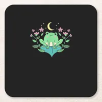 Cottagecore Goblincore Moon Flowers Forest Frog Mu Square Paper Coaster