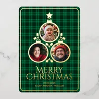 Christmas Modern Tartan Plaids Family Green Photo Foil Holiday Card