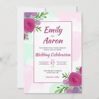 Magenta Rose Berry Mint Floral Watercolor Wedding Invitation