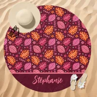 Pink and Orange Tropical Monstera Leaf Custom Name Beach Towel