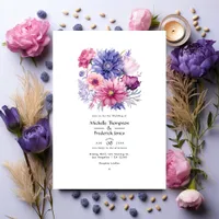 Petal Pink, Cornflower Blue & Mauve Floral Wedding Invitation