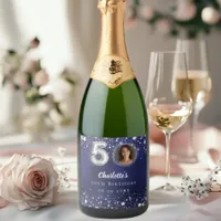 50th birthday navy blue silver stars photo sparkling wine label