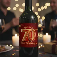 Opulent Ruby Red Gold Glitter 70th Birthday Wine Label