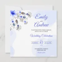 Blue Botanical Watercolor Floral Square Wedding Invitation