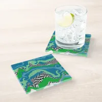 Blue, Green, Black and White Abstract Fluid Art   Glass Coaster