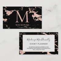 Black Copper Rose Gold Foil Marble Monogram Business Card