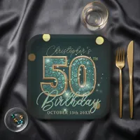 Dark Teal and Gold Mosaic 50th Birthday Party Paper Plates